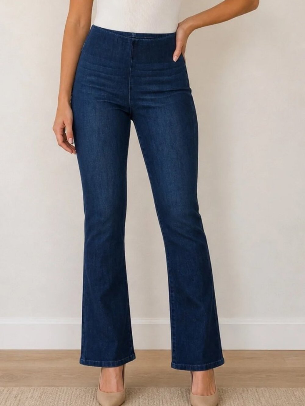 NEW Soft Surroundings Dark Wash Bootcut Flare Stretch Pull on Elastic  Jeans L